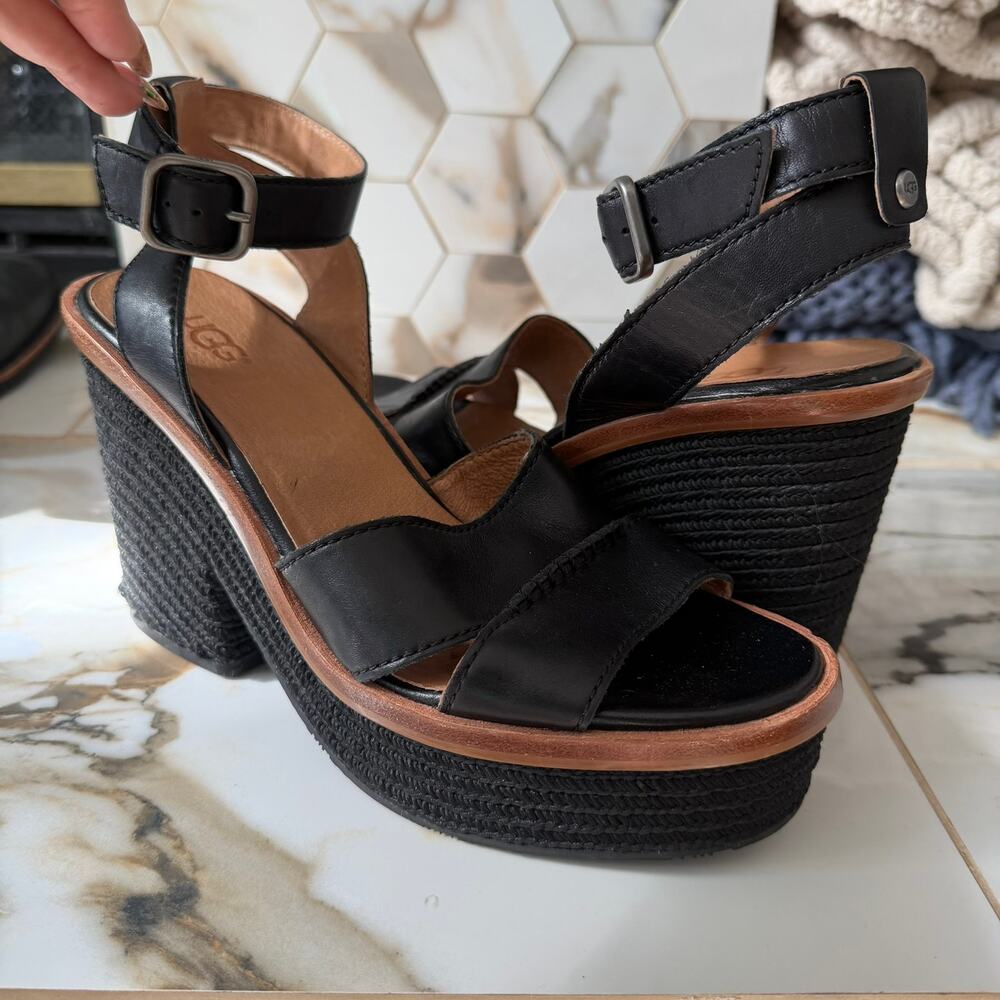 Ugg Women's Carine Black Tan Block Heel Espadrille Strappy Sandals Size‎ 8.5